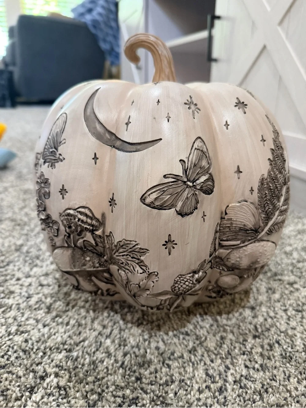 Hand-Painted Cream Decorative Pumpkin with Moon & Butterflies